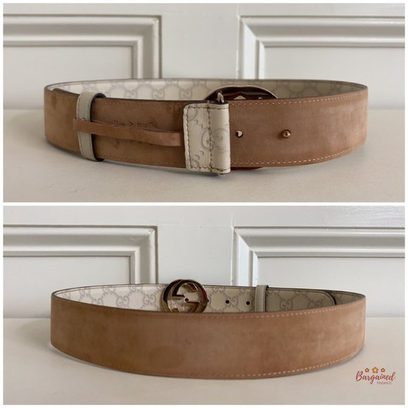 Authentic Gucci Cream Guccissima Leather Gold Interlocking G Buckle Belt 80/32 - Picture 6 of 13